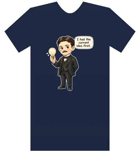 Nikola Tesla tee mockup: Nikola Tesla in a dark suit, holding a glowing light bulb