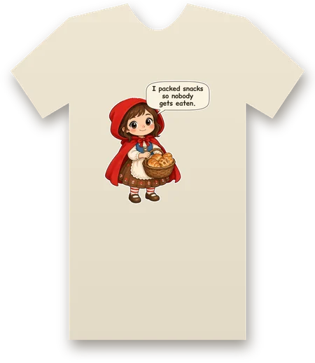 Little Red Riding Hood tee mockup: Little Red Riding Hood carrying a basket of bread, saying “I packed snacks so nobody gets eaten.”