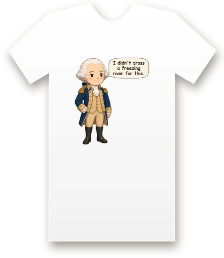 George Washington tee mockup: George Washington in a blue coat and powdered wig, arms crossed, saying “I didn't cross a freezing river for this”