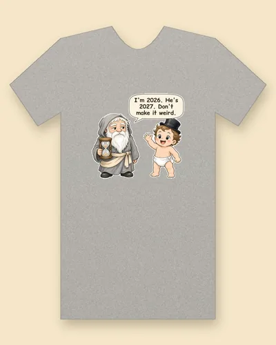 Father Time and Baby New Year tee mockup: Father Time with an hourglass beside Baby New Year in a top hat, saying “I'm 2026. He's 2027. Don't make it weird.”