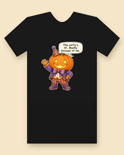 Jack-o'-Lantern tee mockup: a grinning jack-o'-lantern in a party hat, purple suit and bow tie, waving, saying “This party's lit. Mostly because of me.”