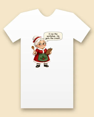 Mrs. Claus tee mockup: Mrs. Claus with a wooden spoon and a clipboard, saying “I run the workshop. He gets the credit.”