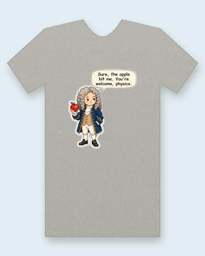 Isaac Newton tee mockup: Isaac Newton in a curly wig and blue coat, holding a red apple