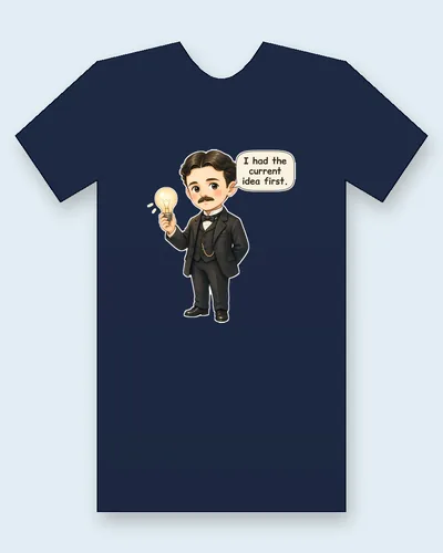 Nikola Tesla tee mockup: Nikola Tesla in a dark suit, holding a glowing light bulb