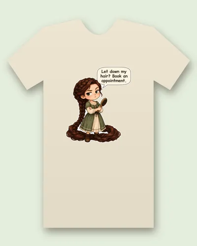 Rapunzel tee mockup: Rapunzel with a very long braid, holding a hairbrush, saying “Let down my hair? Book an appointment.”