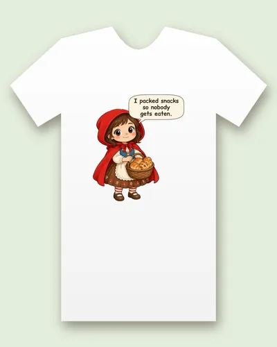 Little Red Riding Hood tee mockup: Little Red Riding Hood carrying a basket of bread, saying “I packed snacks so nobody gets eaten.”