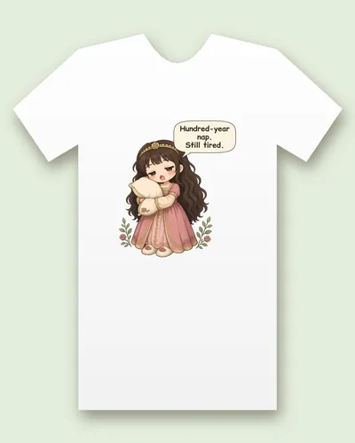 Sleeping Beauty tee mockup: a sleepy princess hugging a pillow, saying “Hundred-year nap. Still tired.”