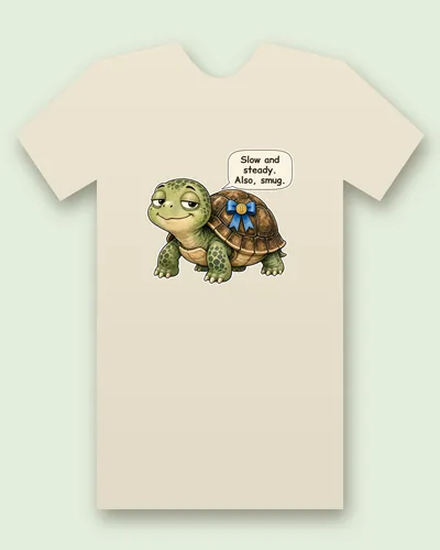 The Tortoise tee mockup: a smug tortoise wearing a blue winner's ribbon, saying “Slow and steady. Also, smug.”