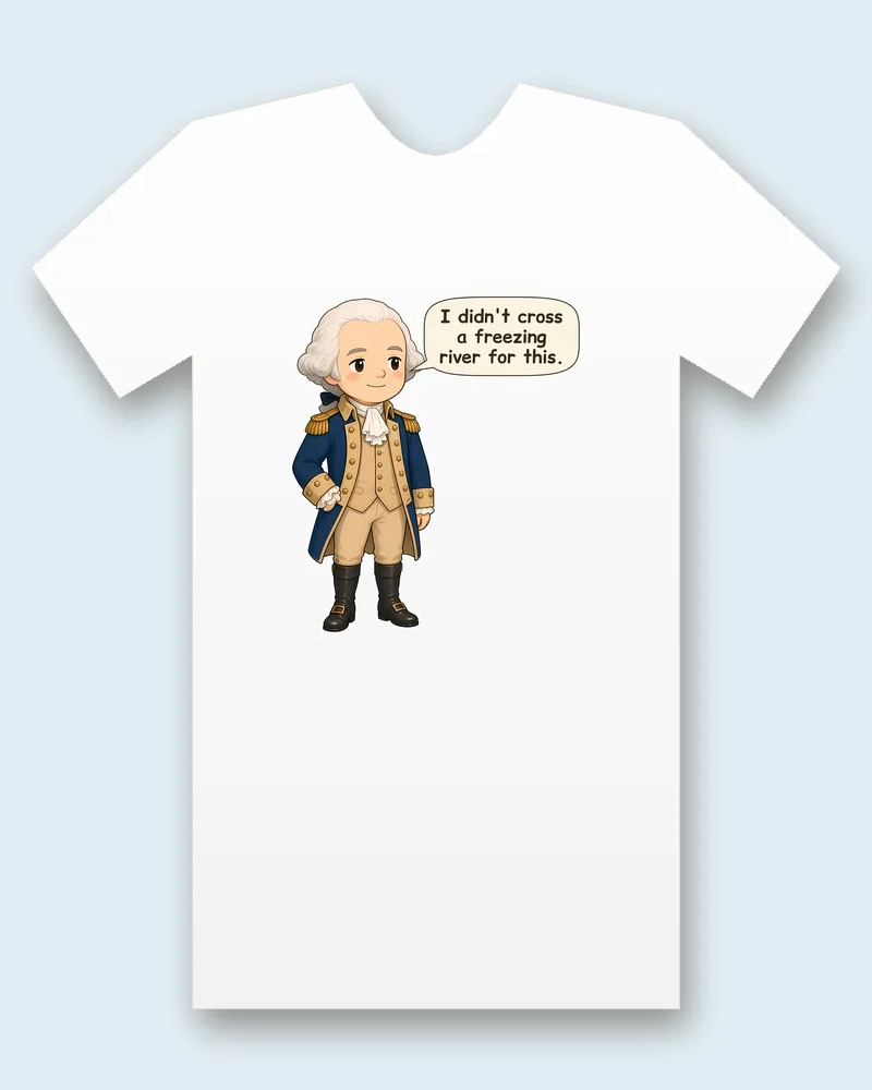 George Washington tee mockup: George Washington in a blue coat and powdered wig, arms crossed, saying “I didn't cross a freezing river for this”